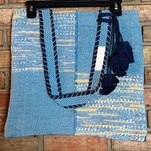 NWT Spun by Welspun Threads with a Soul Blue & Tan Square Tote Bag with Tassels
